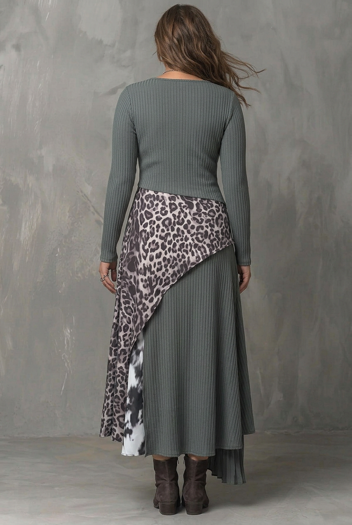 Gray Pit Stripe Leopard Print Splicing Asymmetrical Hem Maxi Dress