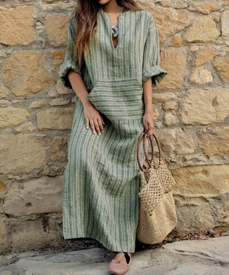 Hailey┃Casual long dress with vintage stripes and V-neck