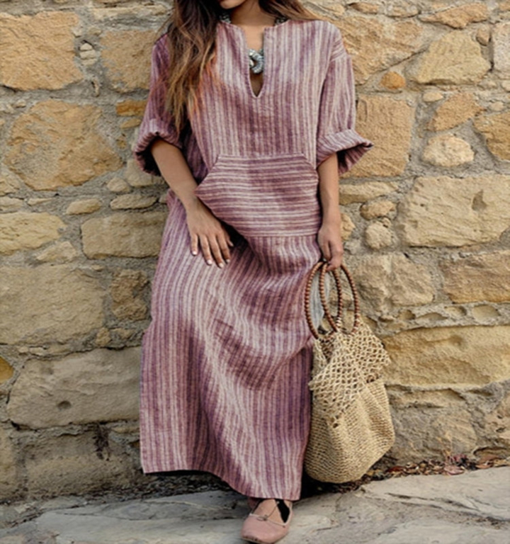 Hailey┃Casual long dress with vintage stripes and V-neck