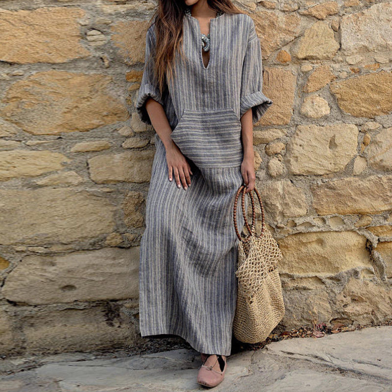 Hailey┃Casual long dress with vintage stripes and V-neck