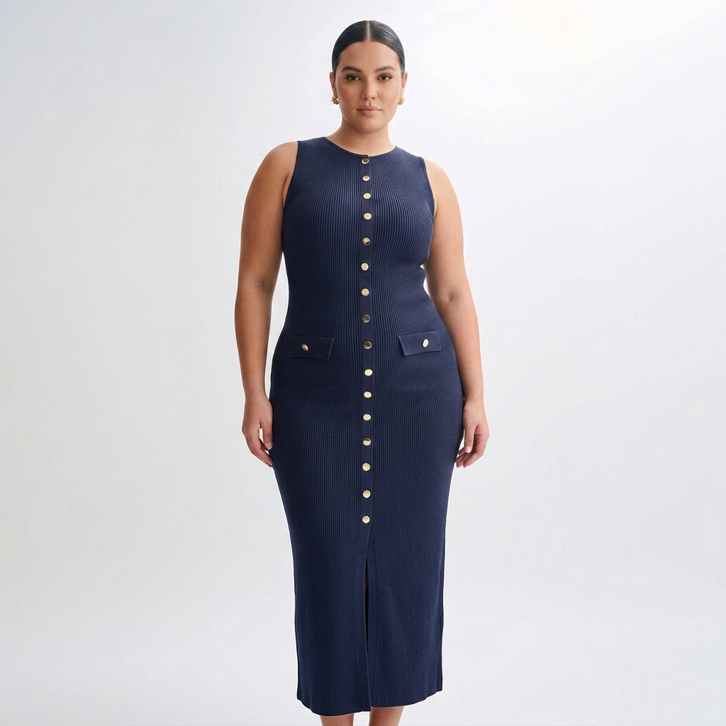 Harlow | Women’s Sleeveless Button-Front Ribbed Midi Dress
