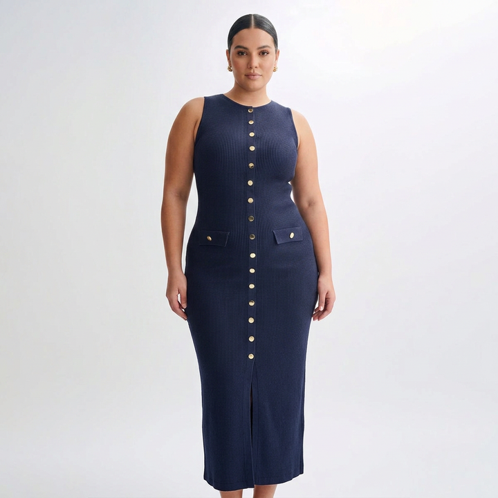 Harlow | Women’s Sleeveless Button-Front Ribbed Midi Dress