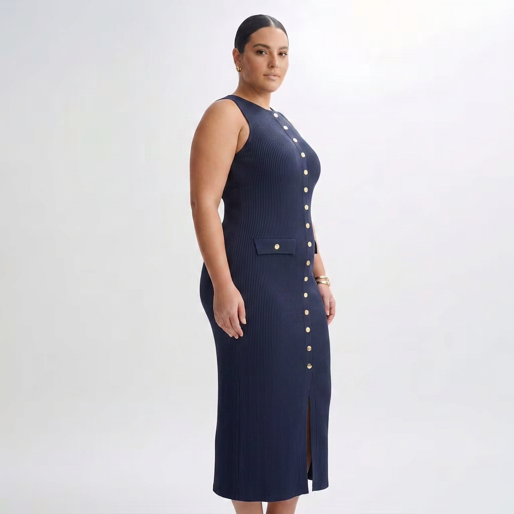 Harlow | Women’s Sleeveless Button-Front Ribbed Midi Dress