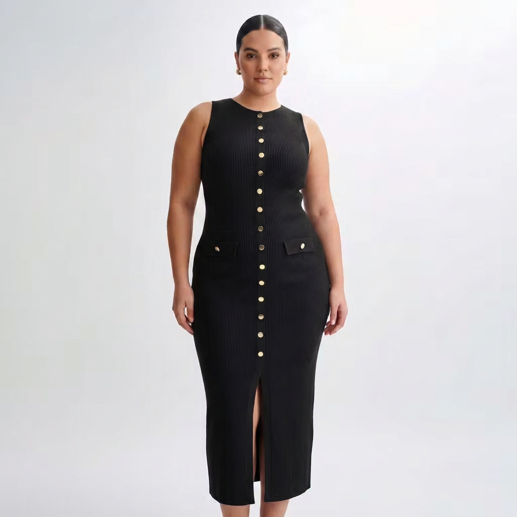 Harlow | Women’s Sleeveless Button-Front Ribbed Midi Dress