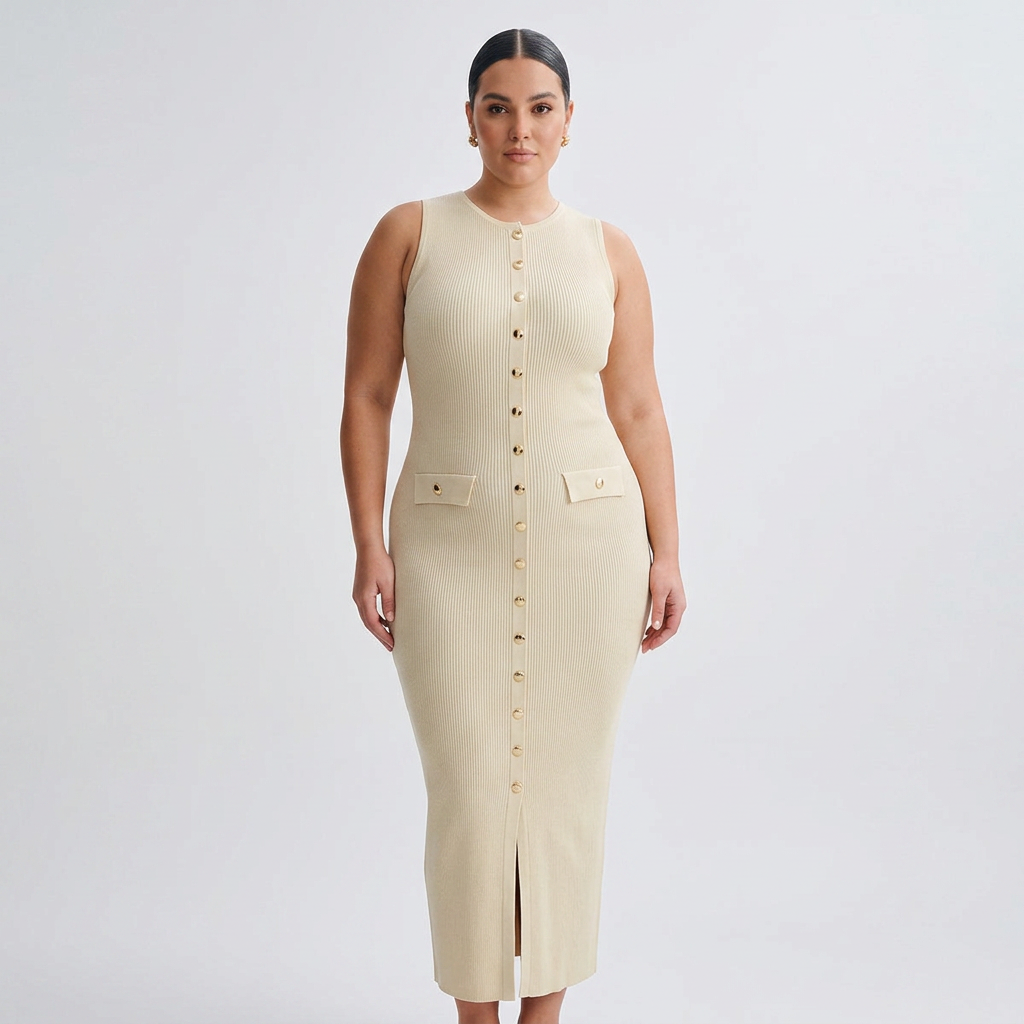 Harlow | Women’s Sleeveless Button-Front Ribbed Midi Dress