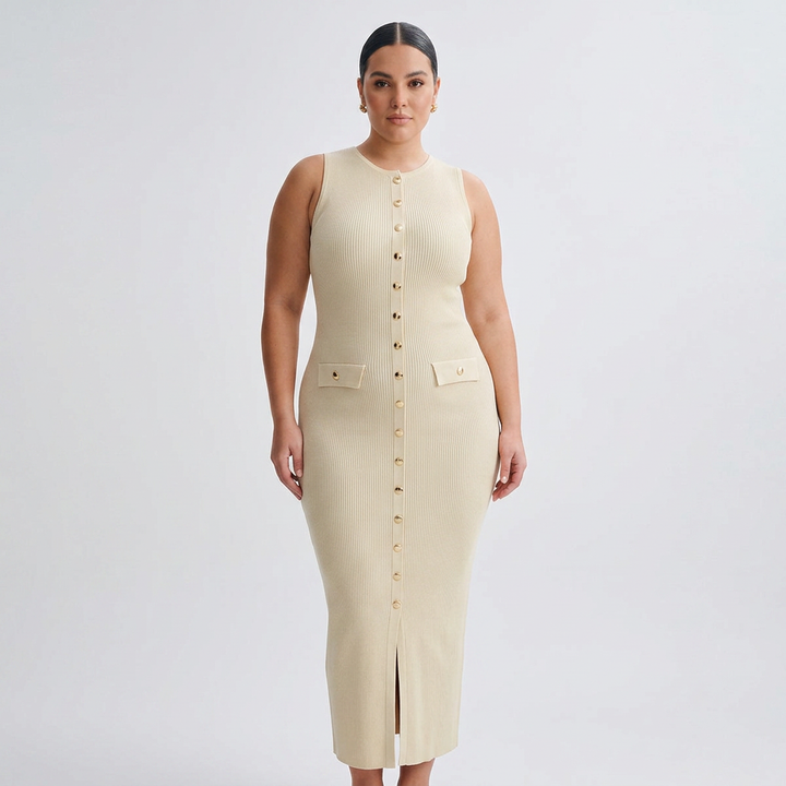 Harlow | Women’s Sleeveless Button-Front Ribbed Midi Dress