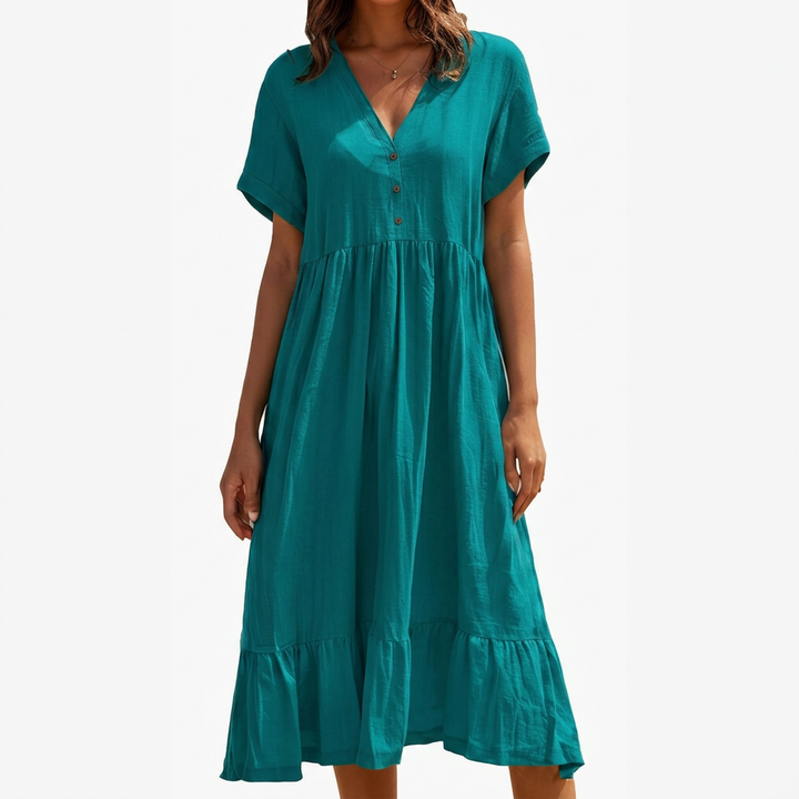 Ilse | V-Neck Button-Front Tiered Midi Dress