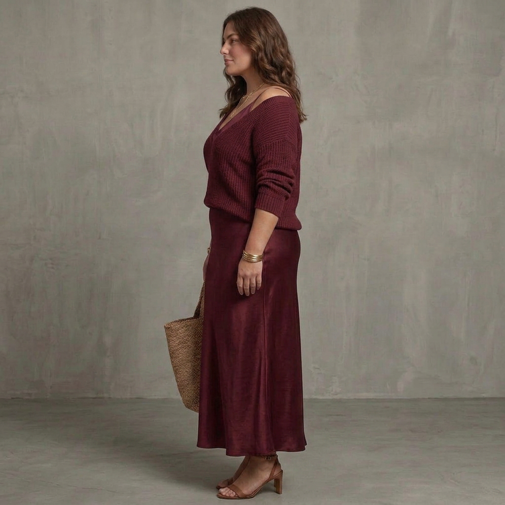 Ines | Bias Fall Satin Skirt Knit Layer Set