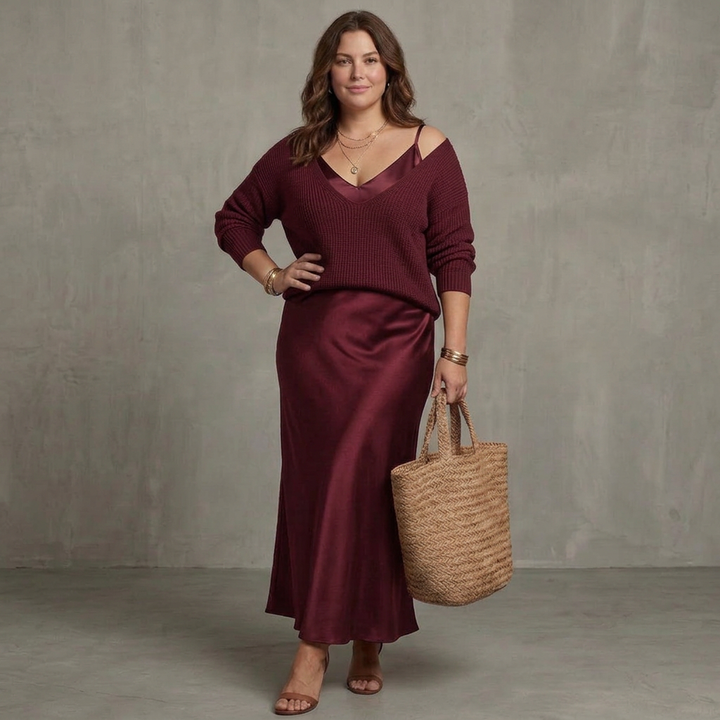 Ines | Bias Fall Satin Skirt Knit Layer Set
