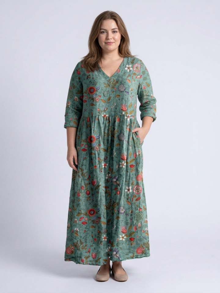 Eira | Floral V Neck Three Quarter Sleeve Maxi Dress