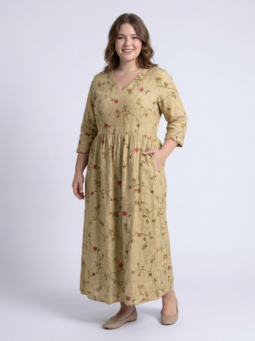 Eira | Floral V Neck Three Quarter Sleeve Maxi Dress