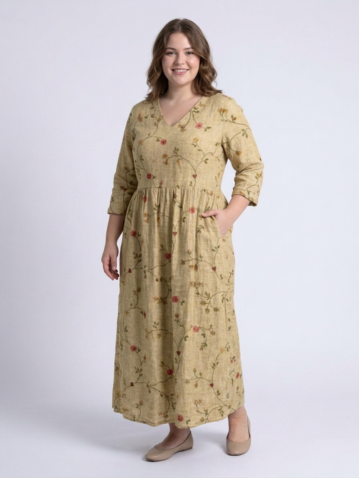 Eira | Floral V Neck Three Quarter Sleeve Maxi Dress