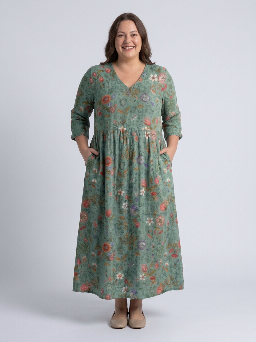 Eira | Floral V Neck Three Quarter Sleeve Maxi Dress