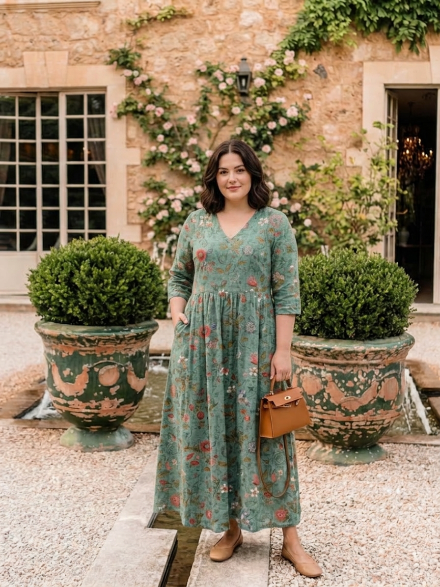 Eira | Floral V Neck Three Quarter Sleeve Maxi Dress