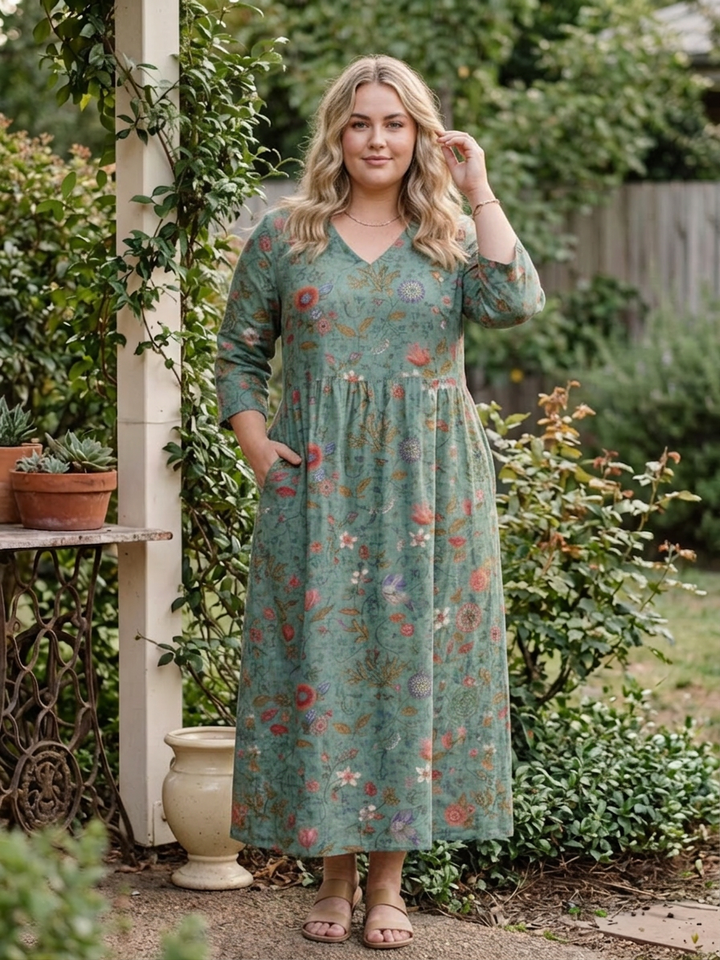 Eira | Floral V Neck Three Quarter Sleeve Maxi Dress