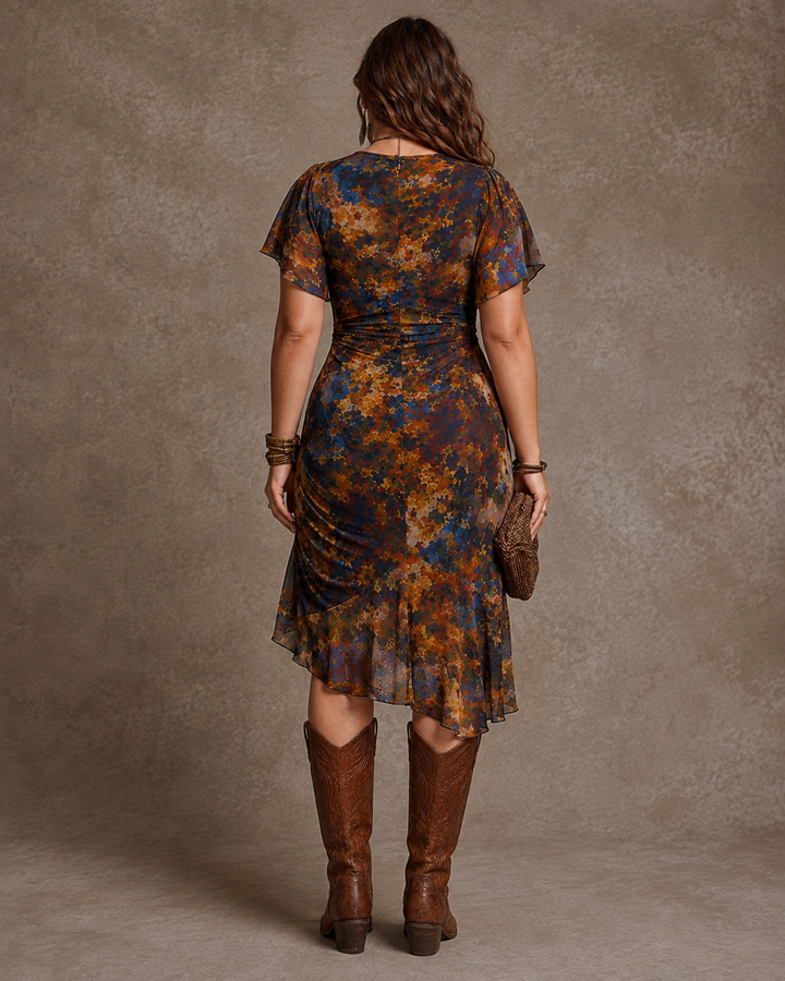 Livia | Bohemian Abstract V-Neck Pleated Midi Dress
