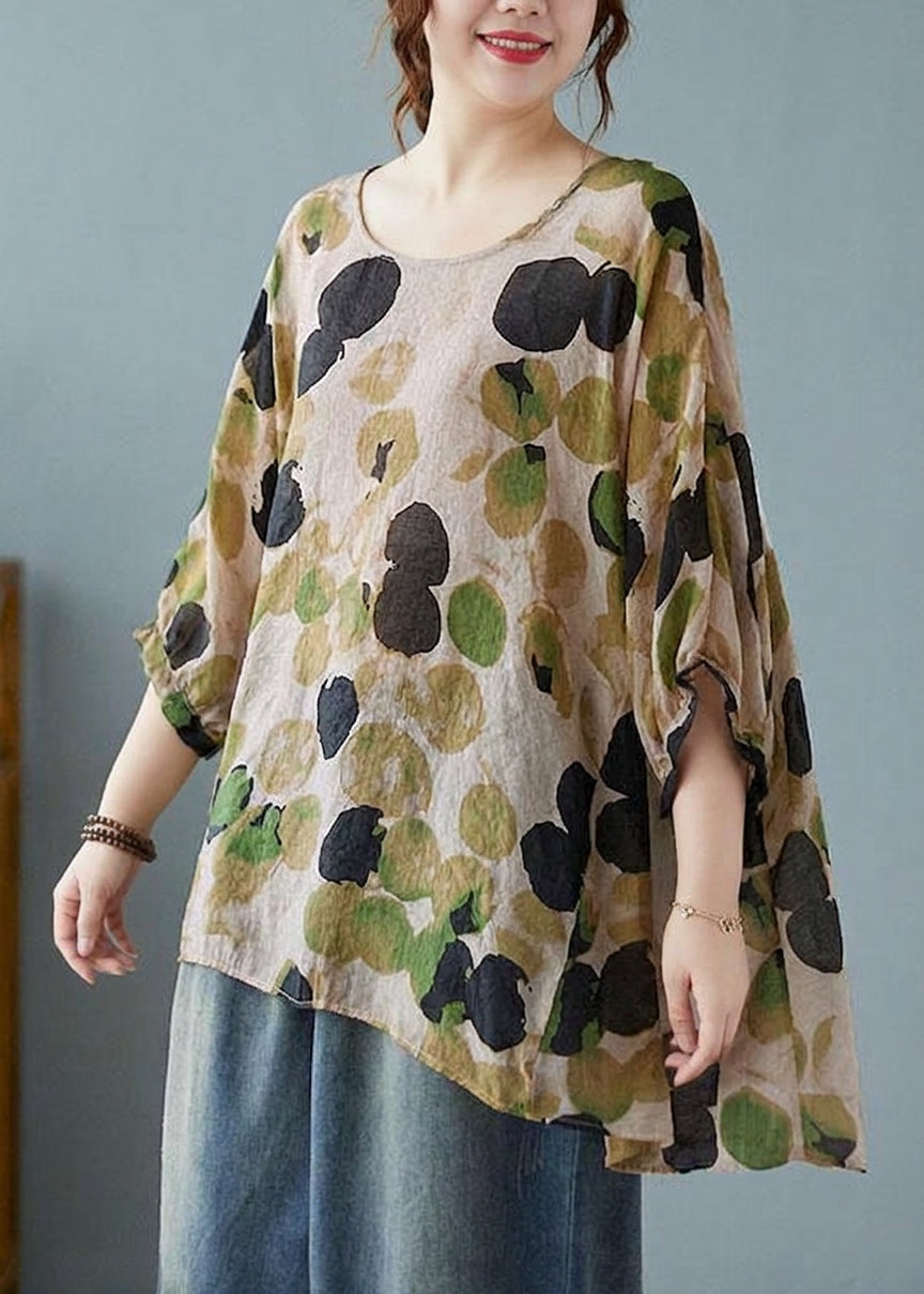 Linnea - Loose Blue Dotted Batwing Sleeve Cotton Linen Tee