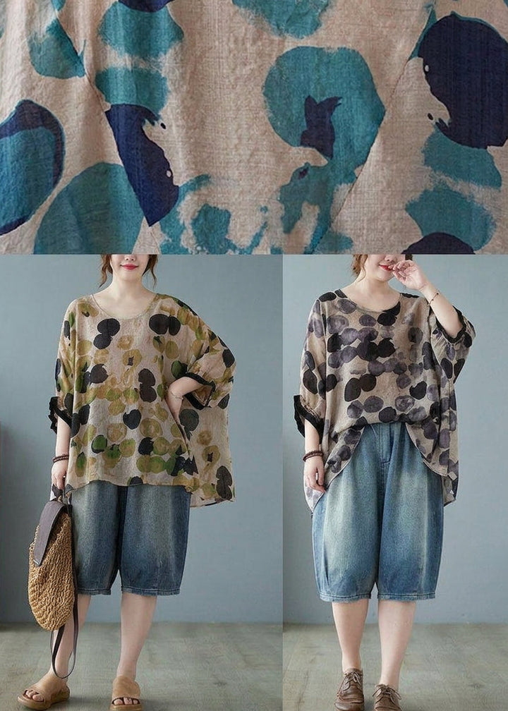 Linnea - Loose Blue Dotted Batwing Sleeve Cotton Linen Tee