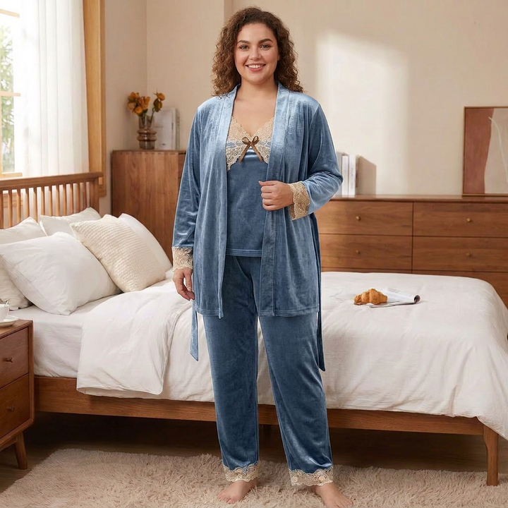 MALIA | ELEGANT BLUE VELVET LACE SLEEPWEAR SET