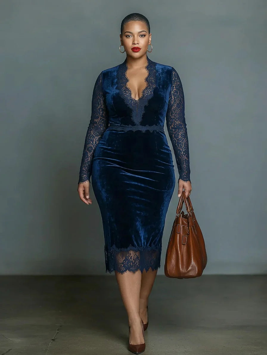 Elegant and Fashionable Dark Blue Velvet Midi Slim-fit V-neck Dress for Women with Lace Neckline and Sleeves