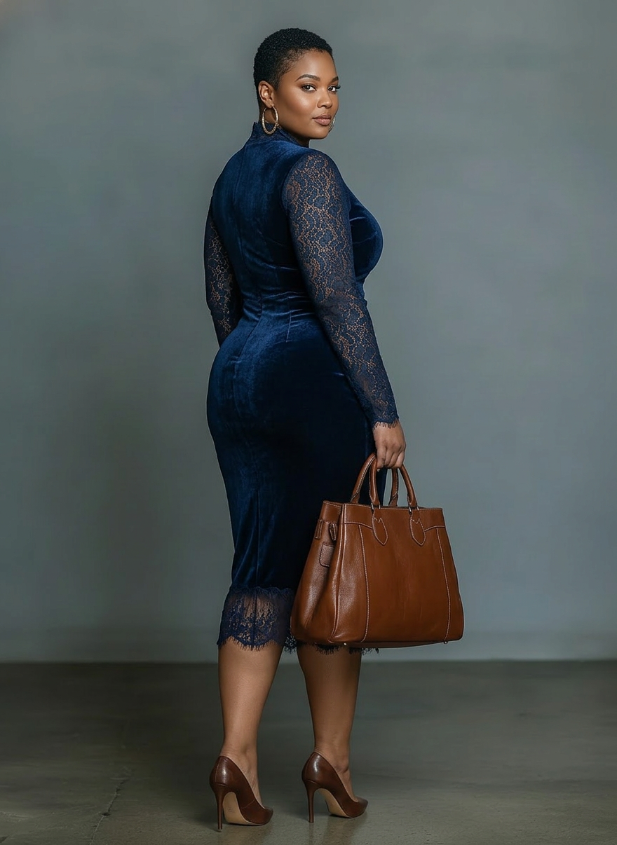 Elegant and Fashionable Dark Blue Velvet Midi Slim-fit V-neck Dress for Women with Lace Neckline and Sleeves