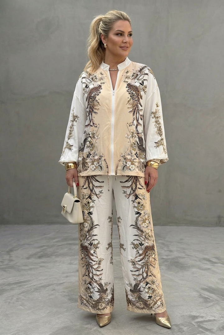 Mika | Zip Front Blouson Top Printed Two Piece Set