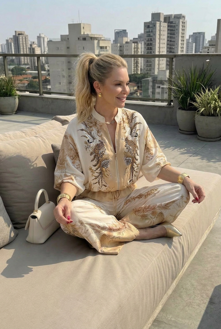 Mika | Zip Front Blouson Top Printed Two Piece Set