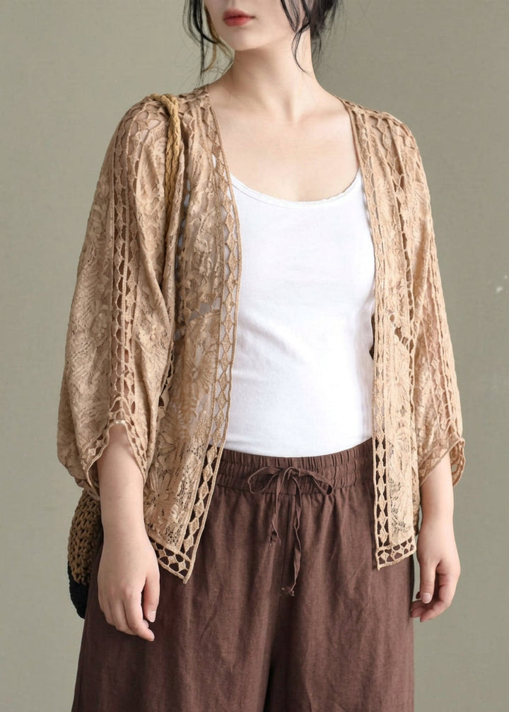 Niamh - Modern Khaki Jacquard Hollow Out Cotton Short Cardigans