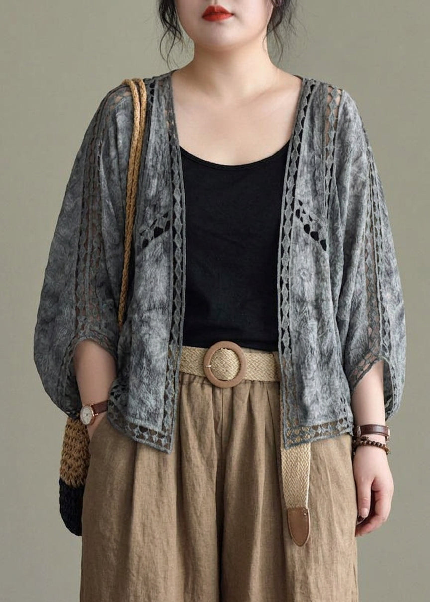 Niamh - Modern Khaki Jacquard Hollow Out Cotton Short Cardigans