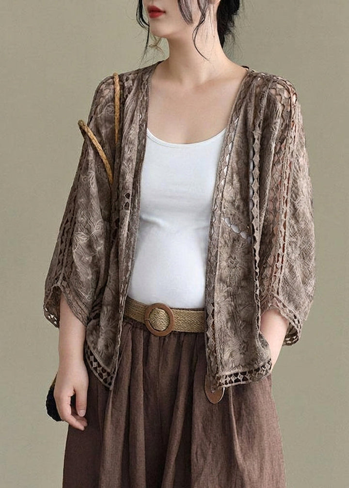 Niamh - Modern Khaki Jacquard Hollow Out Cotton Short Cardigans