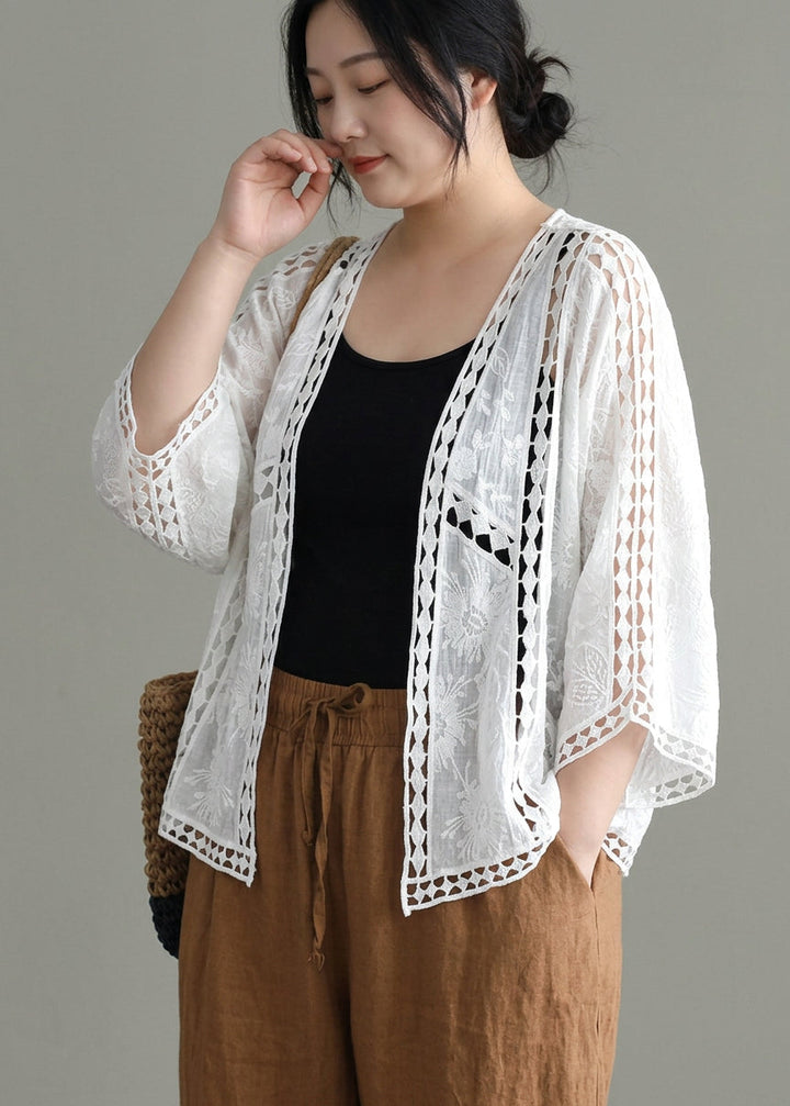 Niamh - Modern Khaki Jacquard Hollow Out Cotton Short Cardigans