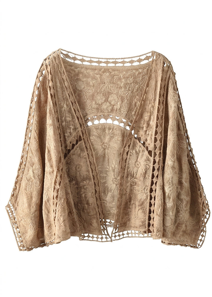 Niamh - Modern Khaki Jacquard Hollow Out Cotton Short Cardigans