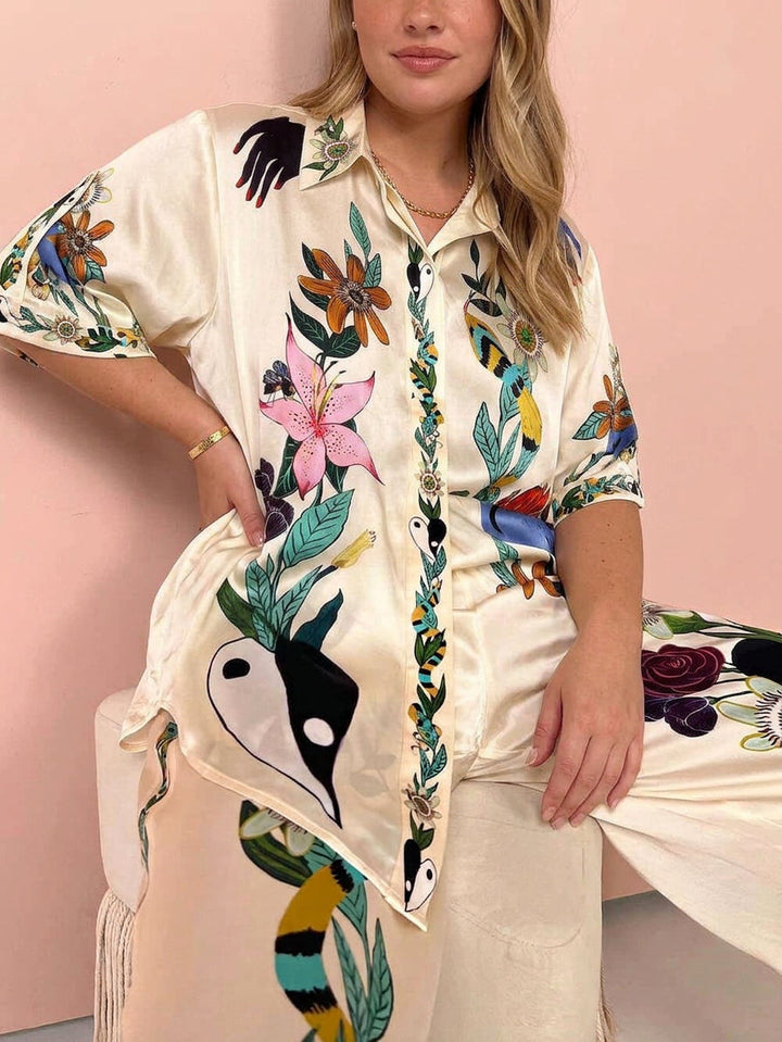 Ffion | Resort Vibes Satin unique print shirt &amp; Pants set Fit
