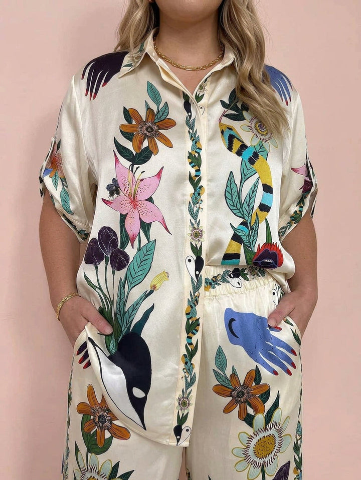 Ffion | Resort Vibes Satin unique print shirt &amp; Pants set Fit