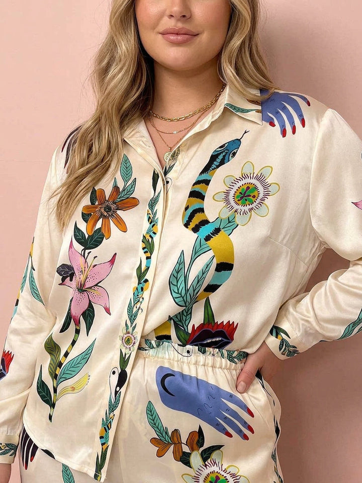 Ffion | Resort Vibes Satin unique print shirt &amp; Pants set Fit