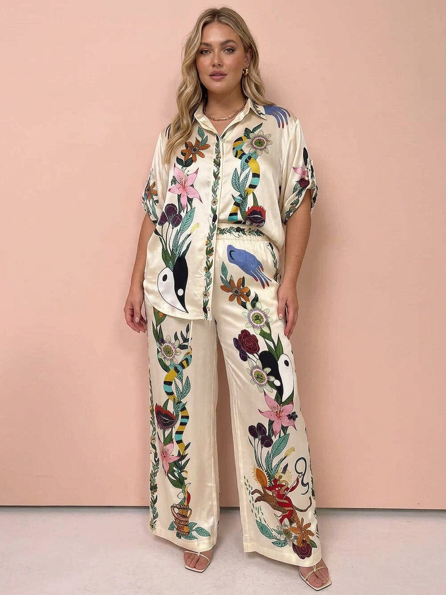 Ffion | Resort Vibes Satin unique print shirt &amp; Pants set Fit