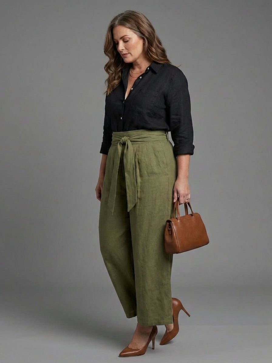 Tabitha | Two Piece Set Black Blouse Olive Green Midi Skirt
