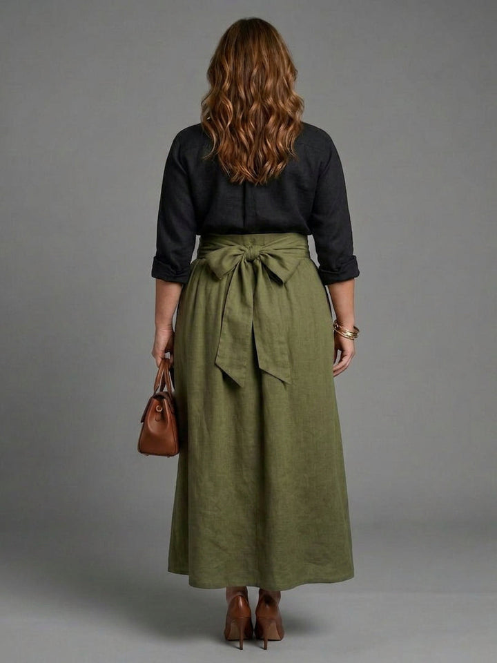 Tabitha | Two Piece Set Black Blouse Olive Green Midi Skirt