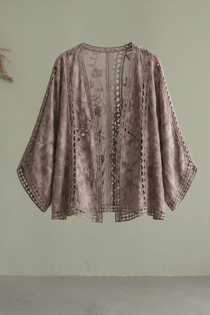Niamh - Modern Khaki Jacquard Hollow Out Cotton Short Cardigans