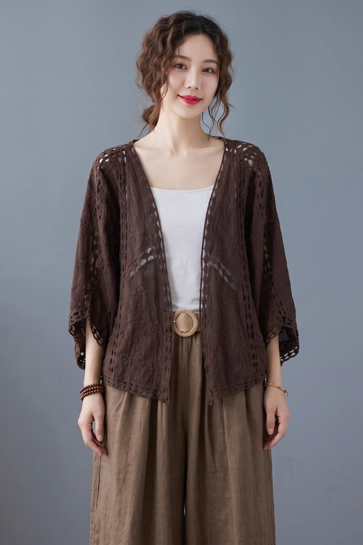 Niamh - Modern Khaki Jacquard Hollow Out Cotton Short Cardigans