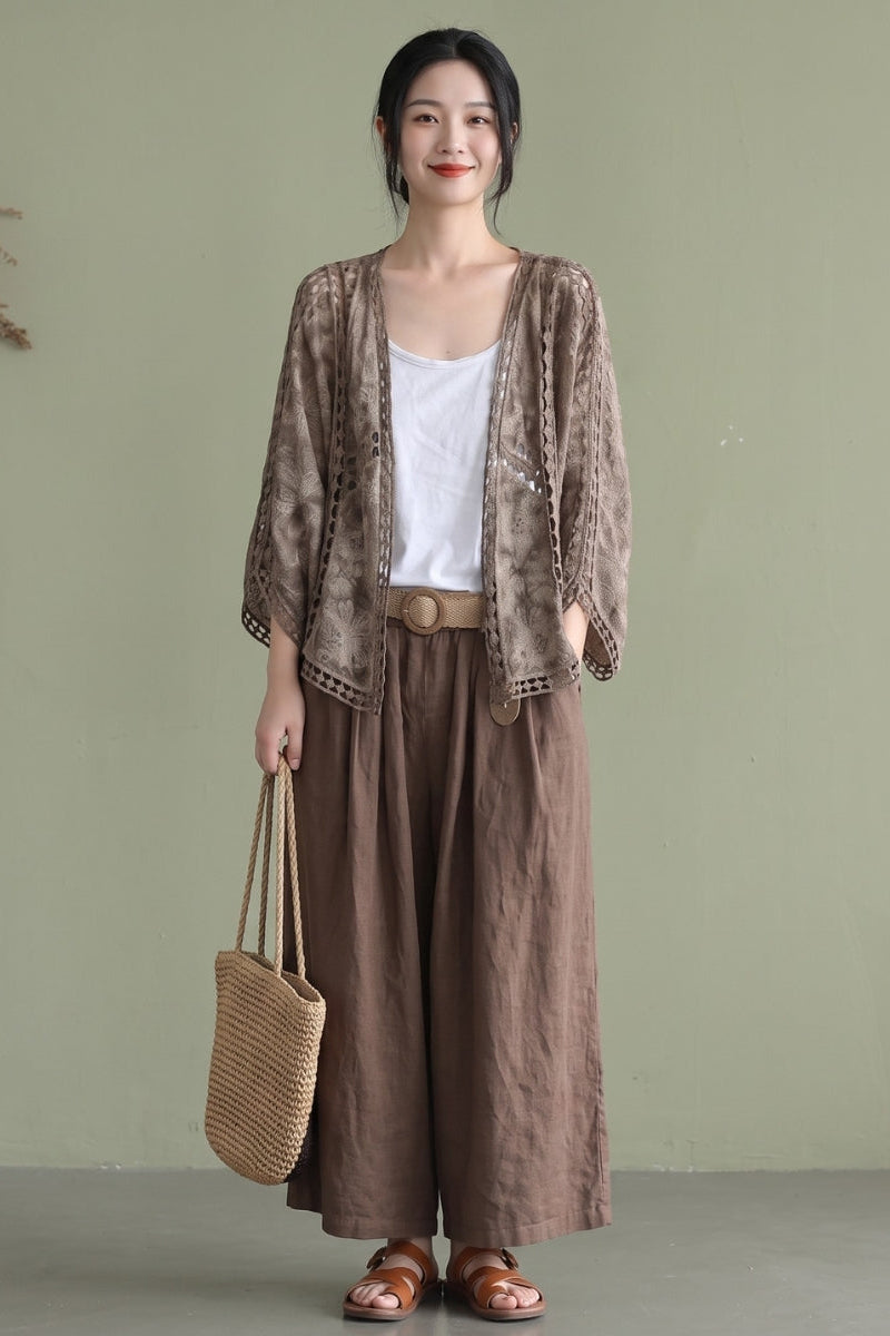 Niamh - Modern Khaki Jacquard Hollow Out Cotton Short Cardigans