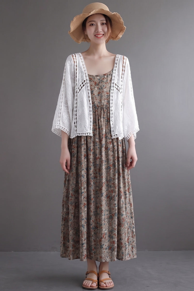 Niamh - Modern Khaki Jacquard Hollow Out Cotton Short Cardigans