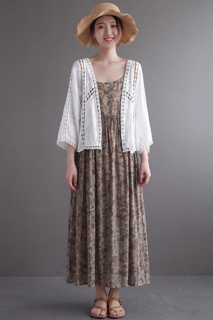 Niamh - Modern Khaki Jacquard Hollow Out Cotton Short Cardigans