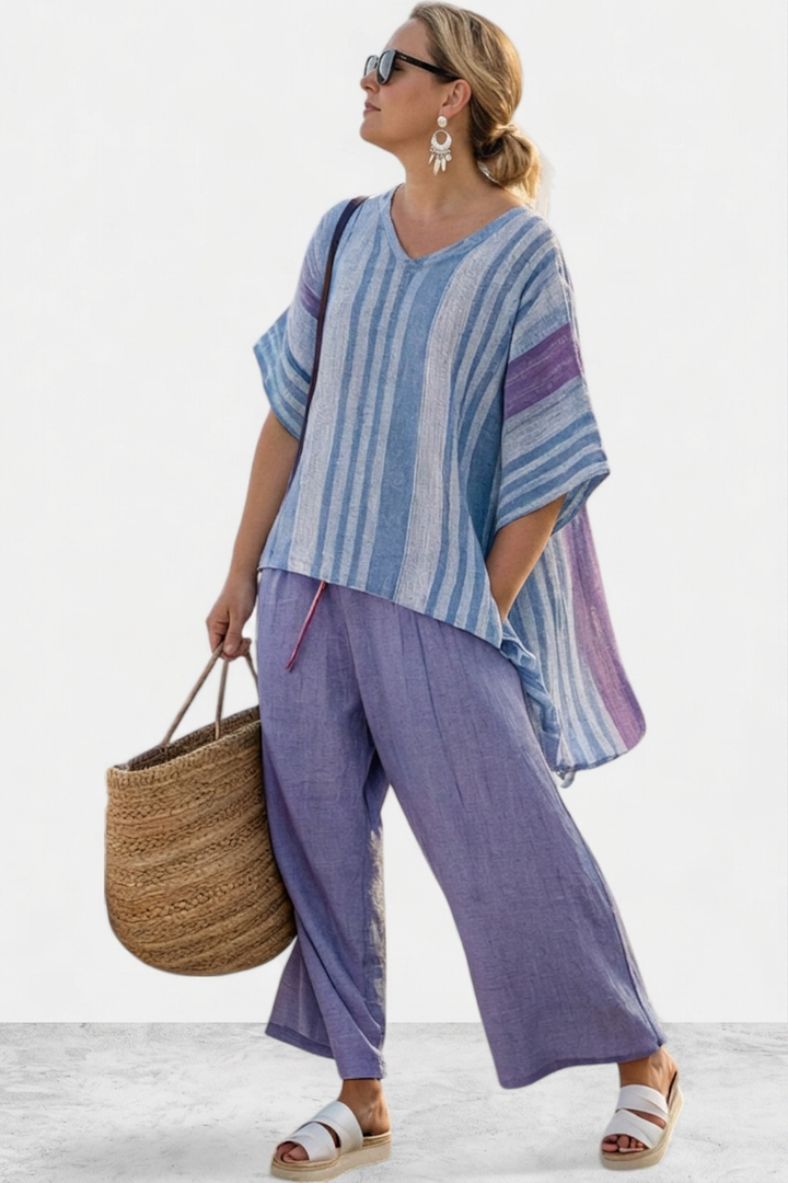 Vesper – Top Elegant in Lavender &amp; Sky Blue With Pants Linen