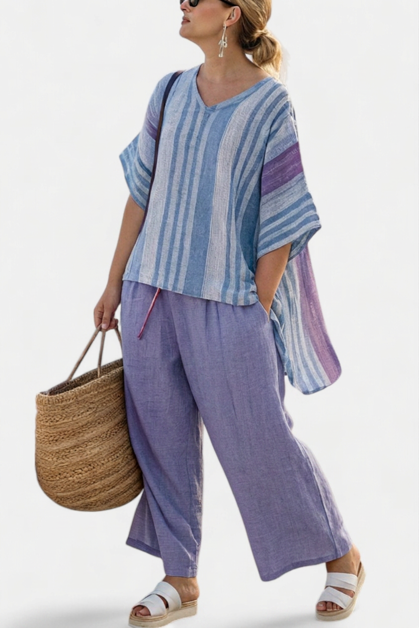 Vesper – Top Elegant in Lavender &amp; Sky Blue With Pants Linen