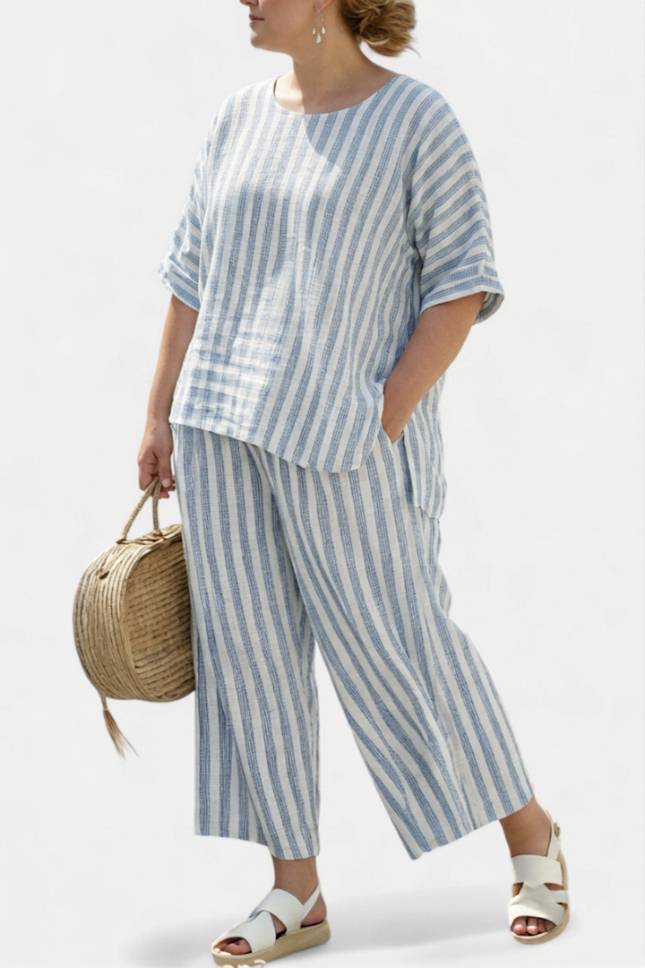 Calliope — Top Sophisticated Linen With Blue Stripes &amp; Relaxed Pants