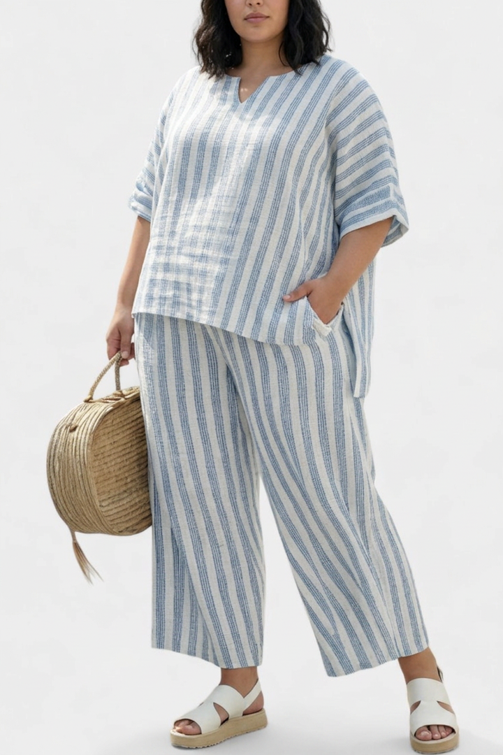 Calliope — Top Sophisticated Linen With Blue Stripes &amp; Relaxed Pants