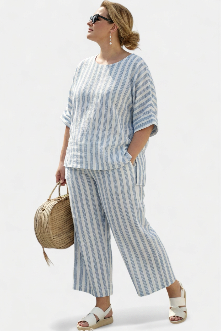 Calliope — Top Sophisticated Linen With Blue Stripes &amp; Relaxed Pants