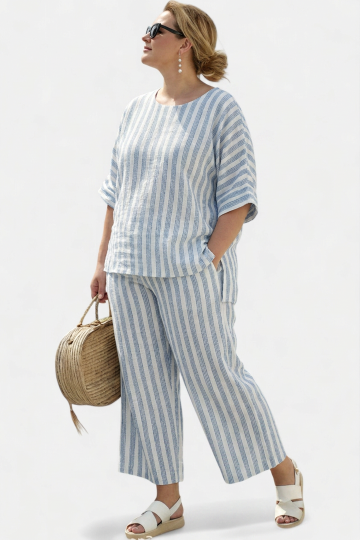 Calliope — Top Sophisticated Linen With Blue Stripes &amp; Relaxed Pants