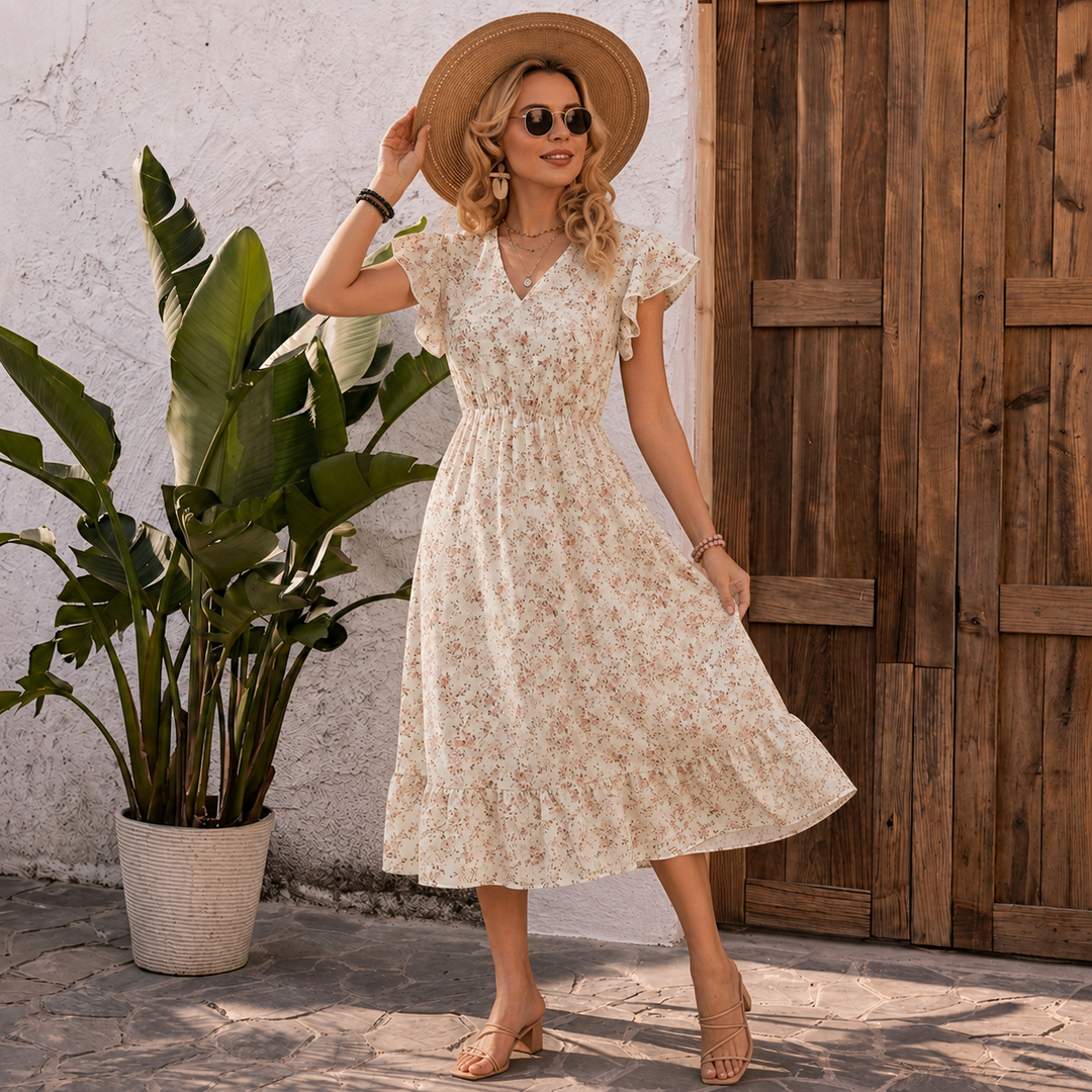 Pia - Floral V-Neck Smocked-Waist Ruffle Maxi Dress